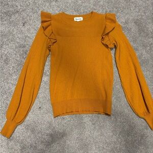 Rust Ruffle-Shoulder Ribbed Sweater Top – Women’s